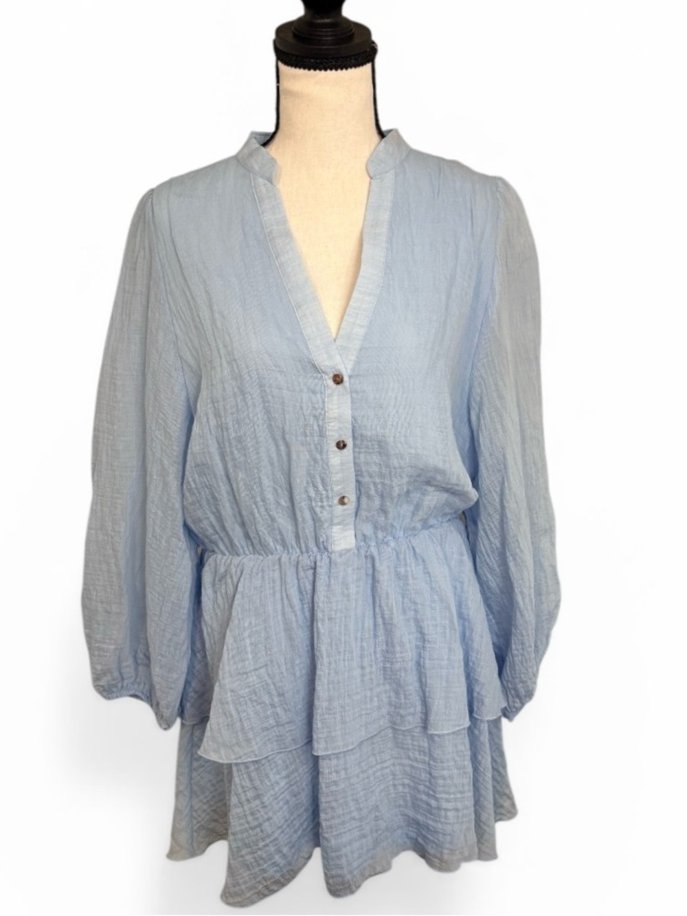 Zara Blue Tiered Mini Dress XL Long Sleeve Elastic Waist Gauze NWT